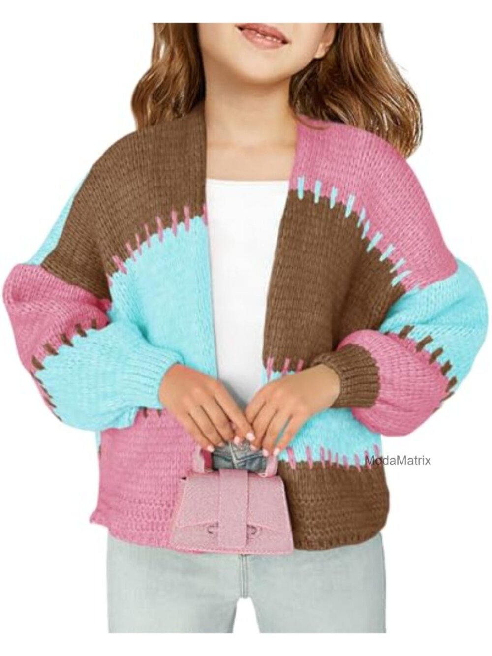 Girls Chunky Knit Color Block Cardigan Sweater Long Sleeve Open Front